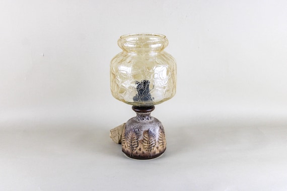 Vintage Mid-Century Tischlampe | Keramik lava | Bernsteinfarbenes Craqueléglas | 1960er–1970er Jahre | Retro Designleuchte
