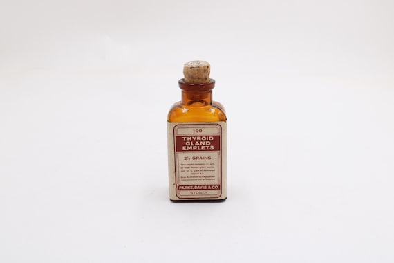 Antike „Emplets Thyroid Tablets“ Flasche von Parke, Davis & Co. – Bernstein-Apothekerflasche (leer) H ≈ 9 cm · B ≈ 4 cm S9