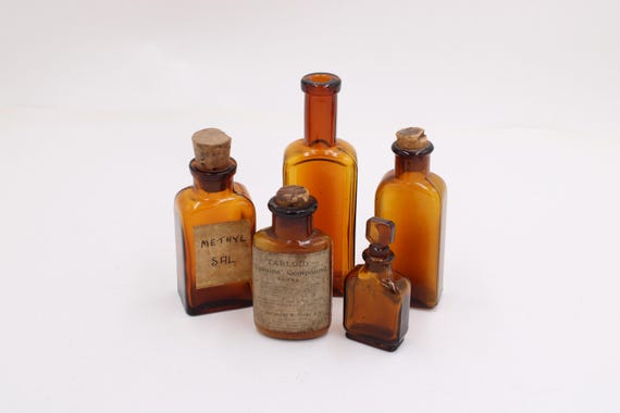 Antikes Set – 5 Vintage Apotheken-Fläschchen • Medizinische Glas-Dosen · leer S10