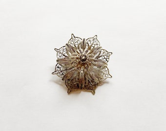 Vintage Blütenbrosche Silber 1920er, Filigran Schmuck, Antik Sammlerstück