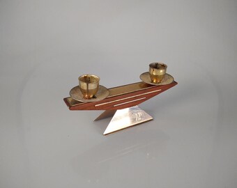 Vintage Kerzenhalter aus Holz und Metall • Mid Century Design • Zweikerzen-Halter • 20. Jh. • Höhe 11 cm