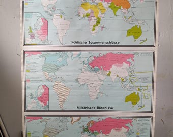 Antike Weltkarte 1960 – Bündnissysteme der Welt, Vintage Wandkarte, historisch & großformatig