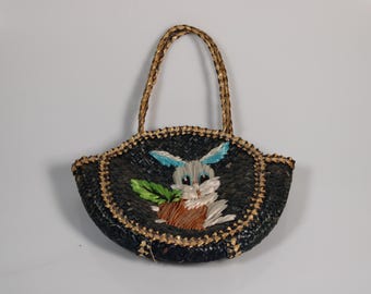 Vintage Stroh Kaninchen Tasche – Handtasche in Hasenform mit Vinyl Innenfutter, Osterdekoration, selten