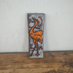Vintage Ruscha Stein-Wandbild Orange Vogel 40×13 cm – West-German Keramik Relief