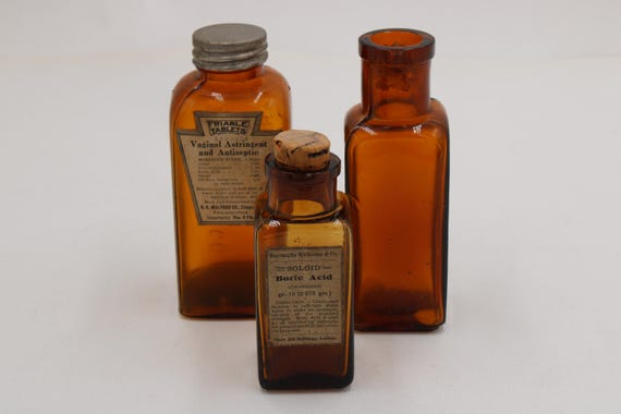 Antikes Set – 3 Vintage Apotheken-Fläschchen • Medizinische Glas-Dosen · leer S10