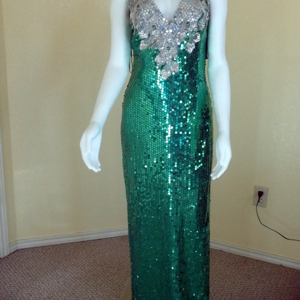 80s Prom Dress Liquid Sequin Green and Silver Gown Long Vintage/Alyce Designs/80s Pageant Metallic Dress Green Sequins Size S/XS