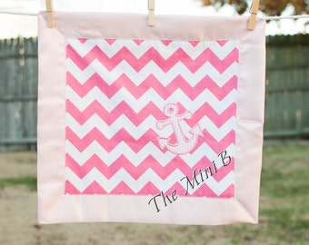 Girl pink blanket - anchor on pink chevron - Mini B - security blanket- lovey - unique - nautical - small blanket - personalizable
