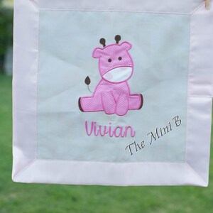 Baby giraffe applique, security blanket, lovey, pink and grey, girl blanket, doll blanket, personalized security blanket