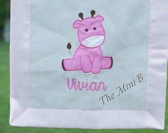Baby giraffe applique, security blanket, lovey, pink and grey, girl blanket, doll blanket, personalized security blanket
