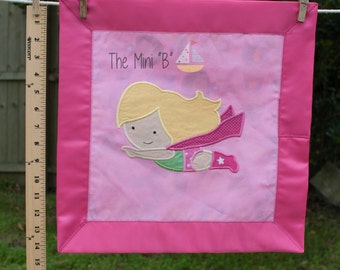 Superhero girl, security blanket, lovey, mini quilt, doll blanket, girl blanket, pink