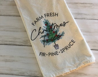 Embroidered kitchen towel, farm fresh Christmas, kitchen decor ready to ship