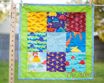 Under the Sea mini "B" quilt, scurity blanket, lovey, nautical nursery, nuetral colors, boys, girls