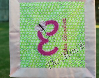 Butterfly initial security blanket, lovey personalized, pink and green, girl blanket, doll blanket