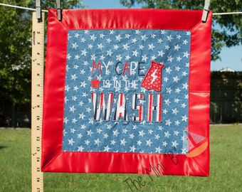 My cape is in the wash, super hero, Security Blanket, Lovey, Mini Quilt, Personalizable, boys, girls, superhero nursery, red white and blue