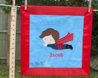 Boy Superhero, Security Blanket, Lovey, Mini Quilt, Personalizable, red and blue, boy blanket, superhero nursery