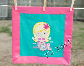 Pink, teal, Mermaid applique - security blanket - lovey - personalizable - girl blanket - doll blanket