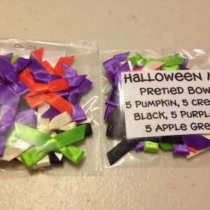 25/50 Pre-tied Satin Bows, Halloween, purple, lime green, orange, pumpkin, tiny bows, baby bows