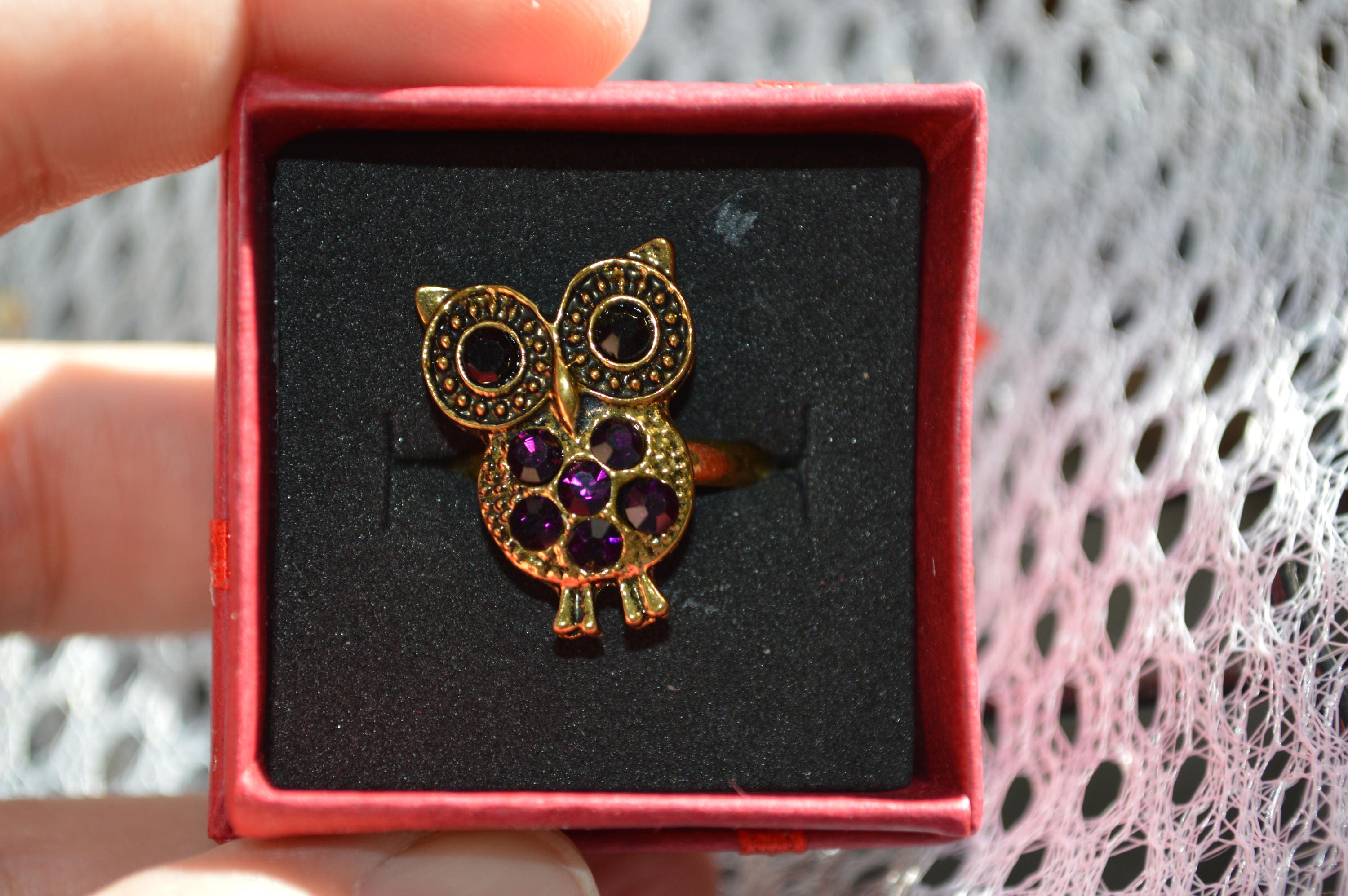 Owl Ring Rhinestone , Adjustable,Clear, Gift, Women, Teen, Birthday, Gift Box, Red,Valentines Day