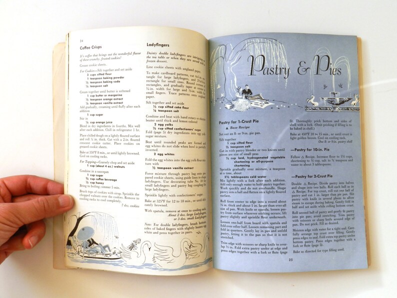 May include: An open vintage cookbook showing recipes for coffee crisps, ladyfingers, and pies. The pages have illustrations and text, with the title "Pastry & Pies". A hand is holding the book open.