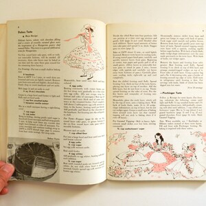 May include: A vintage cookbook open at a recipe for Dobos Torte, with illustrations of women in dresses. The pages are yellowed, and the illustrations are in pink and black. A hand holds the book open, showing the recipe.