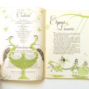 May include: An open vintage cookbook with the title "Elegant Desserts" and a contents list. The pages feature green and black illustrations of peacocks and whimsical figures, with text in a classic font.
