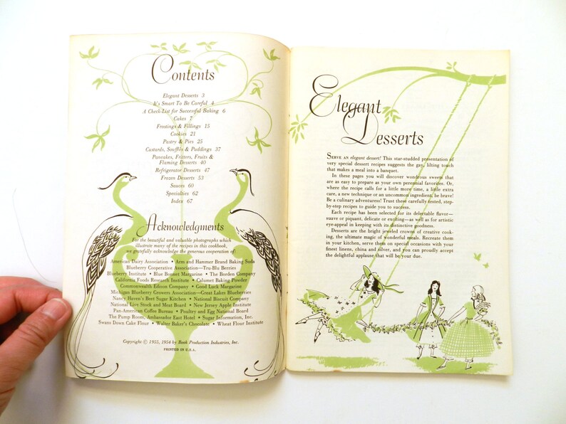 May include: An open vintage cookbook with the title "Elegant Desserts" and a contents list. The pages feature green and black illustrations of peacocks and whimsical figures, with text in a classic font.