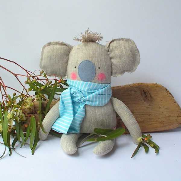 Koala toy, plush baby toy Koala linen toy, cuddly cute baby koala. Neutral color and mint. Baby shower, birthday gift