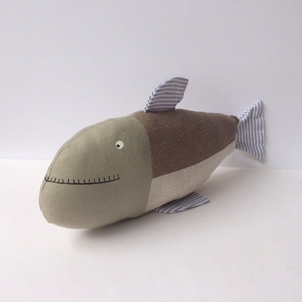 Fish toy, plush fish. Funny grumpy fish, linen cloth. Child friendly and Cuddly toy. Pillow. Home & nursery deco. Nice gift for girl and boy