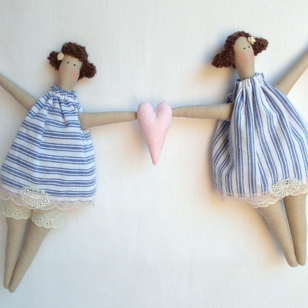 Fabric Dolls Garland. Wall decor for nursery and home. Tilda garland. Cute fabric dolls in white blue cloth. Great gift for baby shower day.