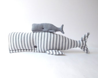 Stuffed  Whales, Plush animal toy.  Handmade softie, textile cute toys. Child friendly toys. Gray white cloth. Nice gift  for baby shower.
