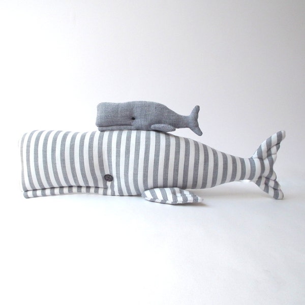 Stuffed  Whales, Plush animal toy.  Handmade softie, textile cute toys. Child friendly toys. Gray white cloth. Nice gift  for baby shower.