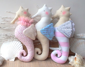 Plush Seahorse toy, stuffed seahorse, seahorse plush Pink, white & silver combo. Baby girl / toddler girl room Cute, child friendly soft toy