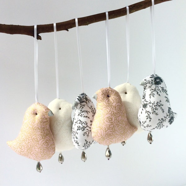 Birds nursery ornament, plush birds toys x6. White, pink and blackNwhite colors. Girl or Boy Baby shower gift. Nursery, Home deco