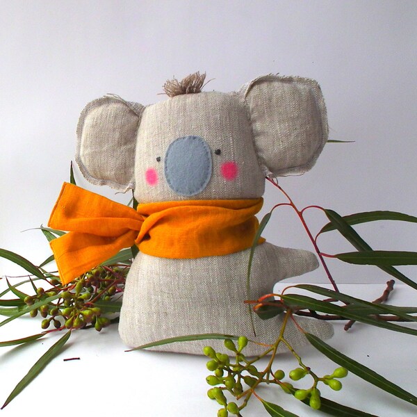 Plush Koala linen toy, koala pillow, baby Koala, cuddly and cute.  21 cm (8.5 ") Neutral color orgnic textile. Baby shower, birthday gift