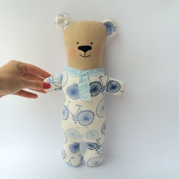 Bear toy,  plush bear. Cute and cuddle Teddy Bear for kids. White blue cloth. Child friendly toy for nursery. Baby shower, birthday gift