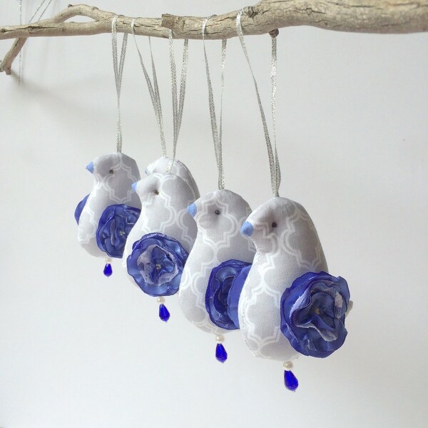 Birds ornament, birds mobile toys, set of 5 Sapphire blue and gray birds. Shabby chic style. Baby shower gift. Nursery and Home deco