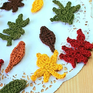 May include: A collection of crocheted leaves in various colors, including red, green, yellow, brown, and orange. The leaves are arranged on a white doily.
