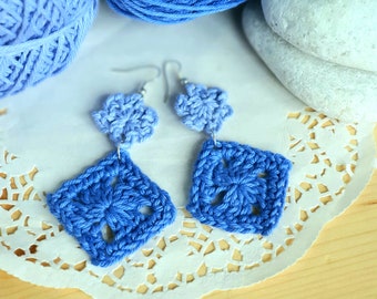 Crochet pattern earrings flower and square modern dangler earrings crochet tutorial jewellery.