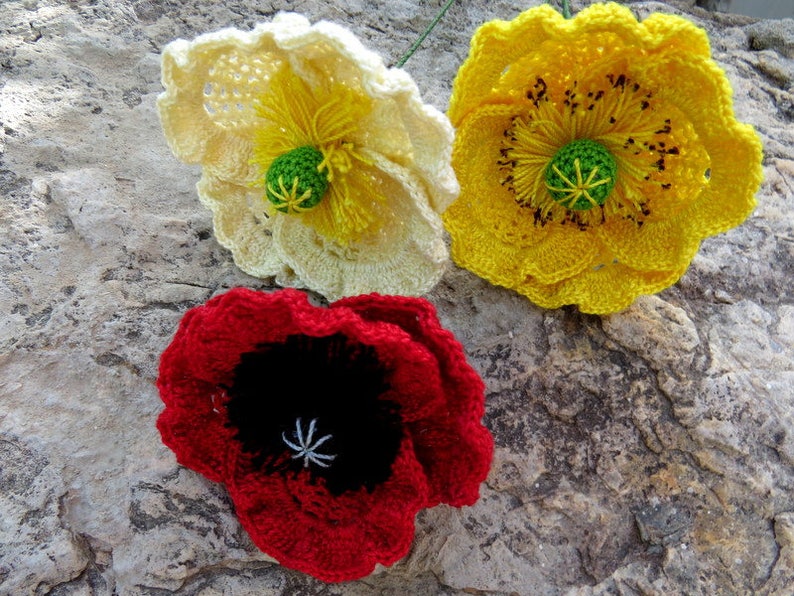 Crochet poppy pattern flanders oriental icelandic poppy common poppy august birth flower papaver bouquet flower home Decor bridal bouquets image 5