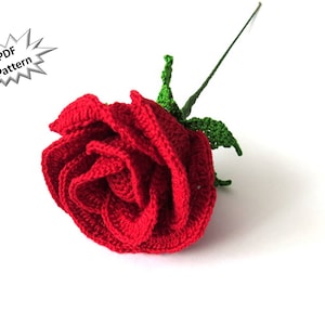 Crochet rose pattern valentine half open long stem rose image 1