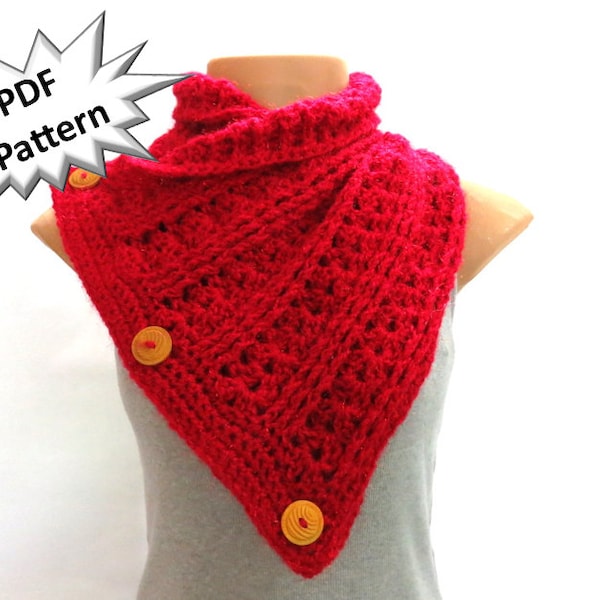 crochet buttoned scarf pattern cowl neck warmer ribbed chunky knit holiday scarf red hot winter fashion accessory