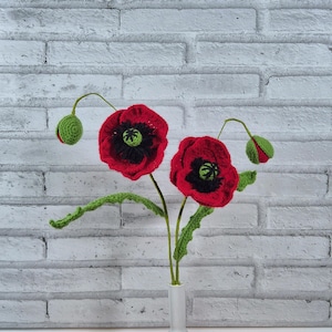 Op de afbeelding: Een handgemaakt gehaakt klaprozenarrangement in een witte vaas. Het arrangement bestaat uit twee open rode klaprozen met zwarte centra, groene stelen en twee groene knoppen. De bloemen staan tegen een witte bakstenen muur.