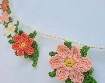 Crochet spring flower garland, pattern, easter party decoration, easter flower pattern, spring flower bunting, pastel colors peach, cream