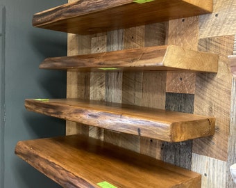 Solid Hardwood LIVE EDGE Floating Shelf With Heavy-Duty Steel Floating Bracket.