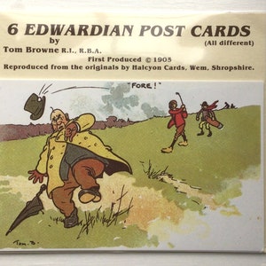 Golf vintage Postkarten-Set von 1900 ein alter Comic, lustige 1990er Repro-Postkarten vom Künstler Tom Browne. Ideal um Golf-Geburtstagskarten zu basteln
