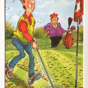 Cartolina da golf - Divertente e divertente. Ideale come biglietto d'auguri a tema golf, regalo artistico per marito, moglie e amico. Golfista ordinato sul green.
