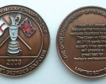 2003年全英オープン選手権、セントジョージズゴルフクラブ（イングランド）の素晴らしい手描き＆エンボス加工コインボールマーカー。23歳の誕生日にぴったりのユニークなプレゼントです。