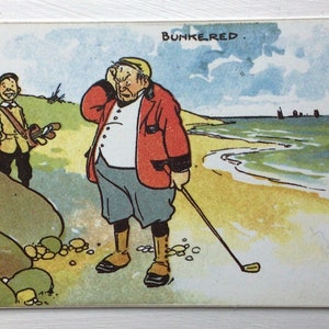 Golf Vintage Postkarte Anfang 1900 eine alte Comic, lustige 1990er Jahre Repro-Postkarte von Künstler Tom Browne. Ideal zum Basteln einer Golf-Geburtstagskarte