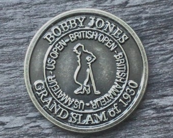 Rare 1 inch coin Golf Ball Marker for the 1930 Grand Slam of Golf achieved by Bobby Jones. Great birthday golf gift for a 92 year old