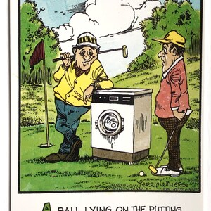 Golf Postkarte - Lustiger Comic-Spaß. Ideal um eine Golf Geburtstagskarte, Kunst Geschenk für Ehemann, Frau, Freund. Wie man einen Golfball reinigt